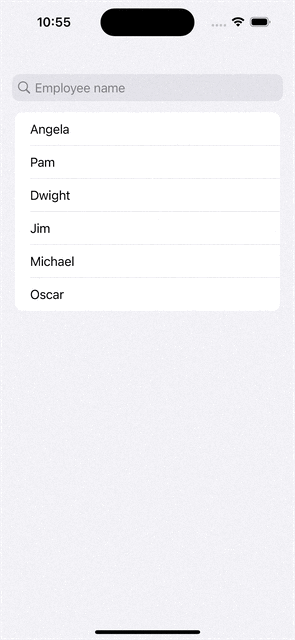 Simulador de iOS mostrando un listado de empleados los cuales son filtrados cuando introducimos la letra "A"