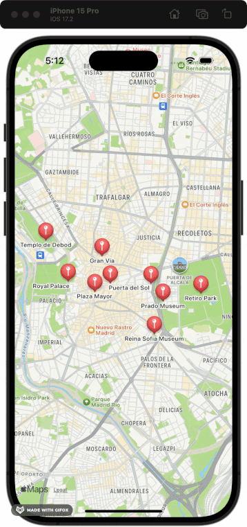 Ejemplo de un mapa con varios marcadores que muestran una animación al ser seleccionadas